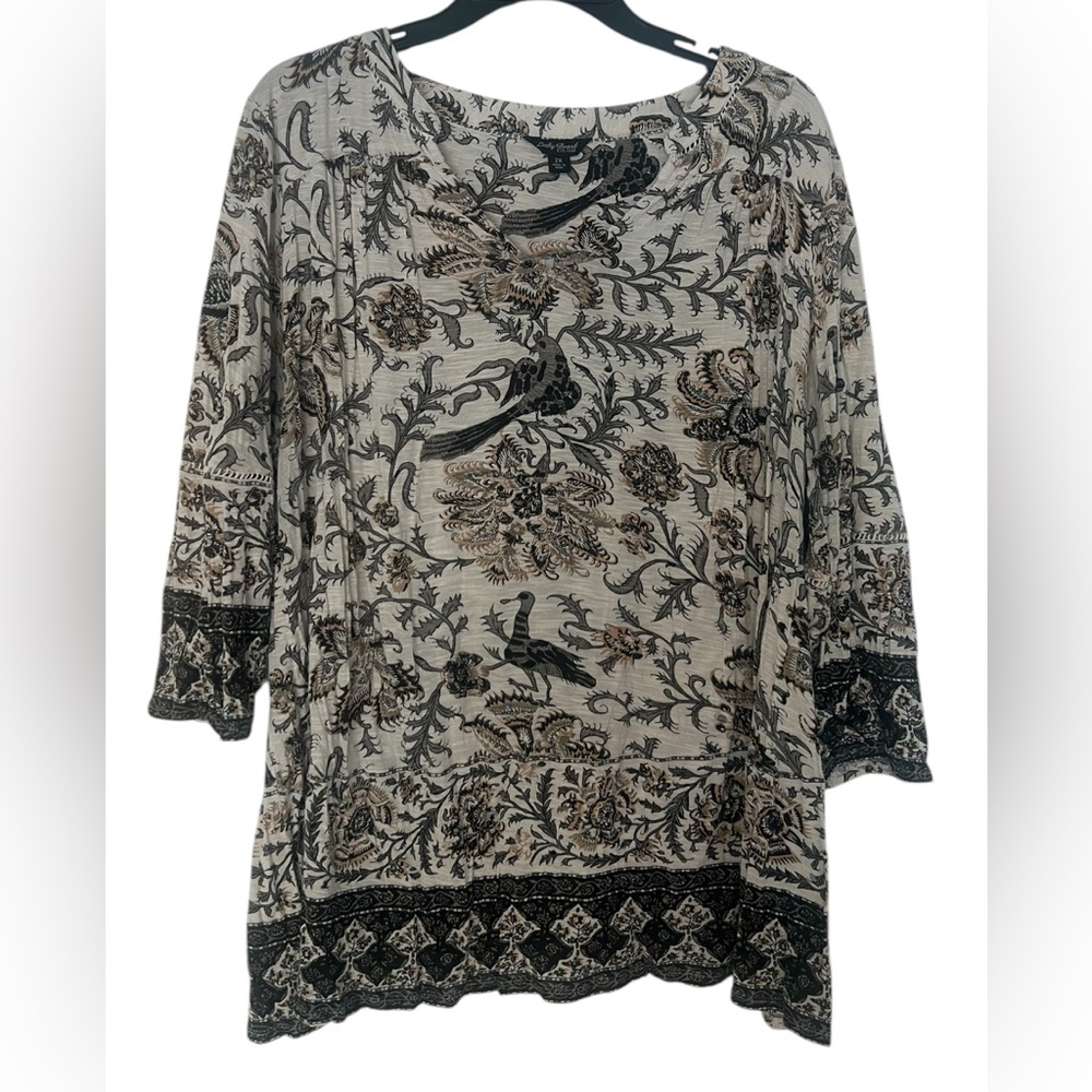 Lucky Brand 3/4 Sleeve Floral /Bird Peasant Split Neck Top size 2X Boho - Picture 10 of 10